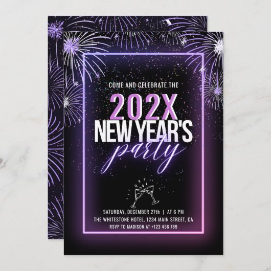 Invitation Feu d'artifice rose Neon Nouvel An (Devant / Derrière)