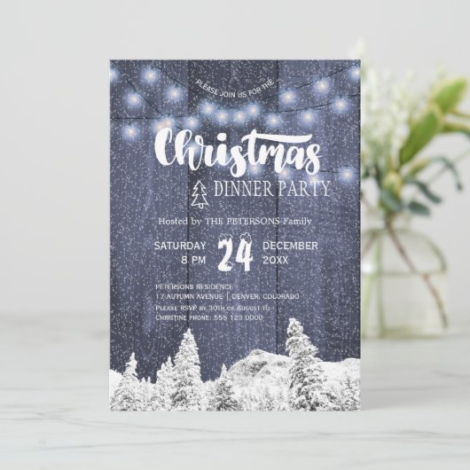 Invitation Feu de Noël blanc bleu rustique (Debout devant)