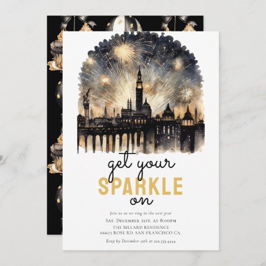 Invitation Feu d'or noir Feu d'artifice de la Saint-Sylvestre (Devant / Derrière)