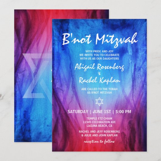 Invitation Feu Glace Rouge Bleu | Étoile de David B'not Mitz (Devant / Derrière)