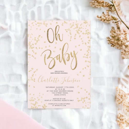 Invitation Feuil d'or rose moderne confetti oh baby shower