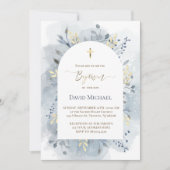 Invitation feuillage aquarelle bleue Baptême (Devant)