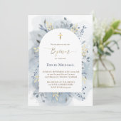 Invitation feuillage aquarelle bleue Baptême (Debout devant)