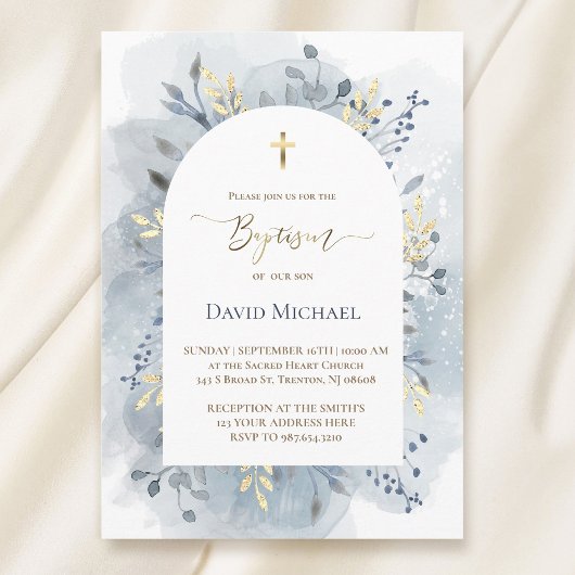Invitation feuillage aquarelle bleue Baptême