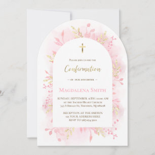 Invitation feuillage aquarelle rose Confirmation