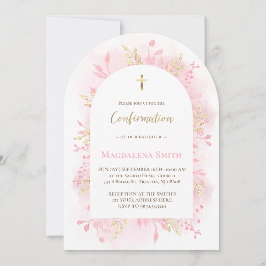 Invitation feuillage aquarelle rose Confirmation (Devant)