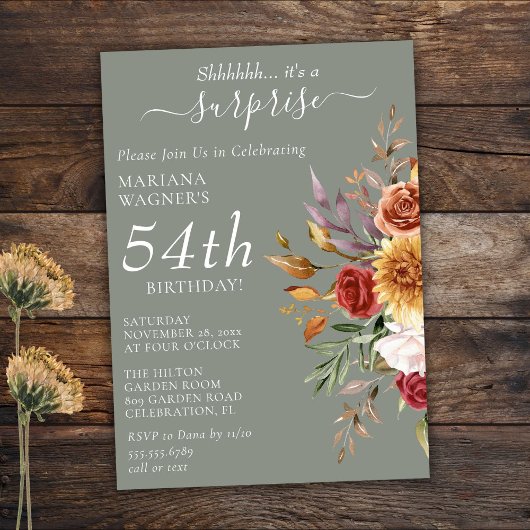 Invitation Feuillage Automne Sage Vert Surprise Anniversaire