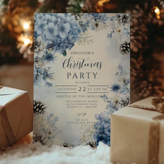Invitation Feuillage Bleu Givré de Noël