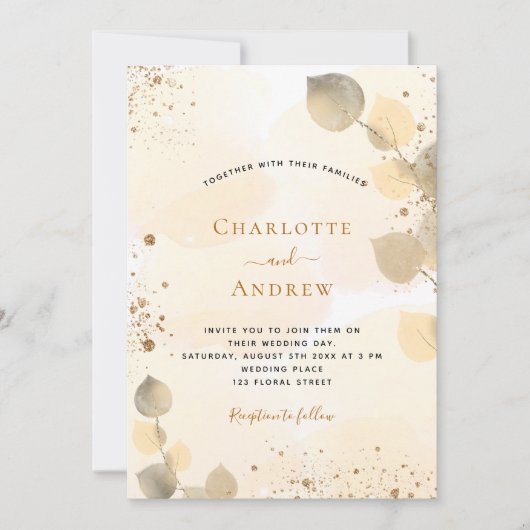 Invitation feuillage botanique doré d'eucalyptus mariage (Devant)