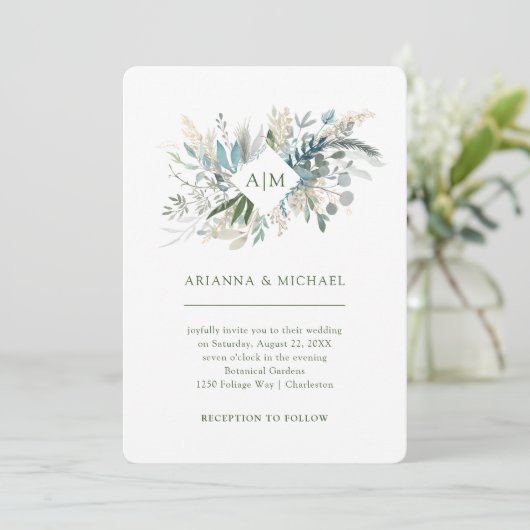 Invitation Feuillage Chic | Mariage Monogramme (Debout devant)
