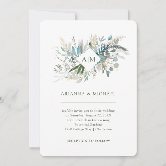 Invitation Feuillage Chic | Mariage Monogramme (Devant)