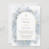 Invitation Feuillage d'aquarelle bleu baptême (Devant)