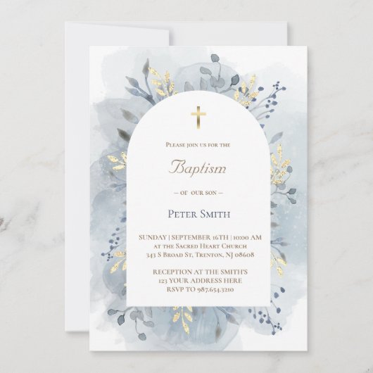 Invitation Feuillage d'aquarelle bleu baptême (Devant)