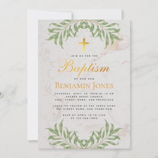 Invitation Feuillage de baptême Croix dorée fausse Calligraph (Devant)