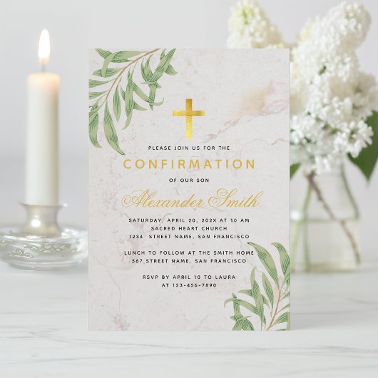 Invitation Feuillage de confirmation Marbre Or Feuilles de Sa