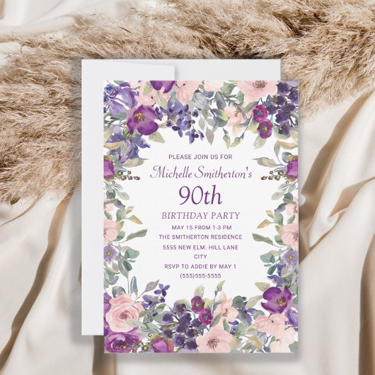 Invitation Feuillage de couleur rose pourpre 90e anniversaire