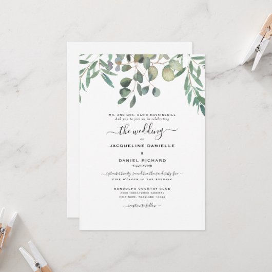 Invitation Feuillage de eucalyptus rêveur simplement mariage (Devant/Arrière en situation)