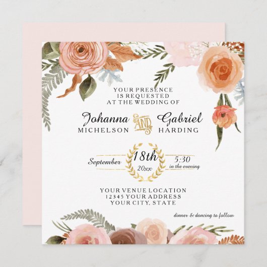 Invitation Feuillage de feuille d'aquarelle de la tourbe flor (Devant / Derrière)