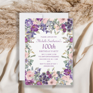 Invitation Feuillage de fleurs rose pourpre 100e anniversaire
