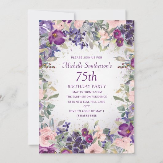Invitation Feuillage de fleurs rose pourpre 75e anniversaire (Devant)