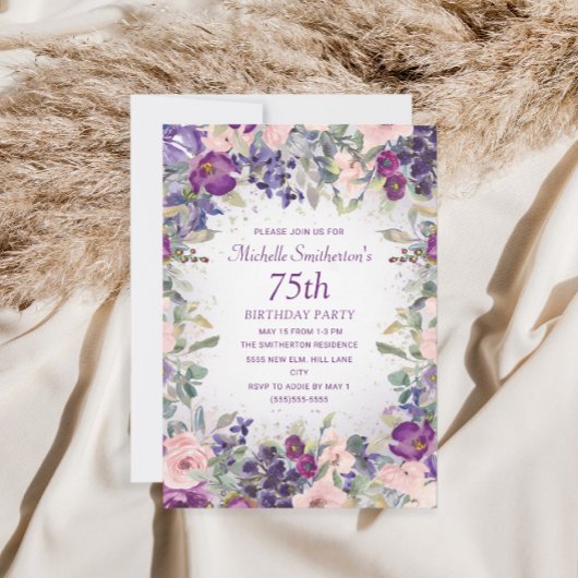 Invitation Feuillage de fleurs rose pourpre 75e anniversaire