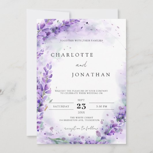 Invitation Feuillage de lavande Dusty Mariage d'aquarelle mod (Devant)