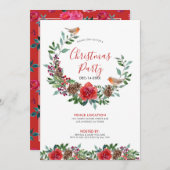 Invitation Feuillage de Noël & roses rouges bouquet & Robin r (Devant / Derrière)