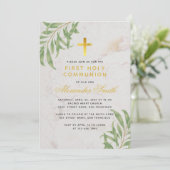 Invitation Feuillage de première communion Marbre or Feuilles (Debout devant)