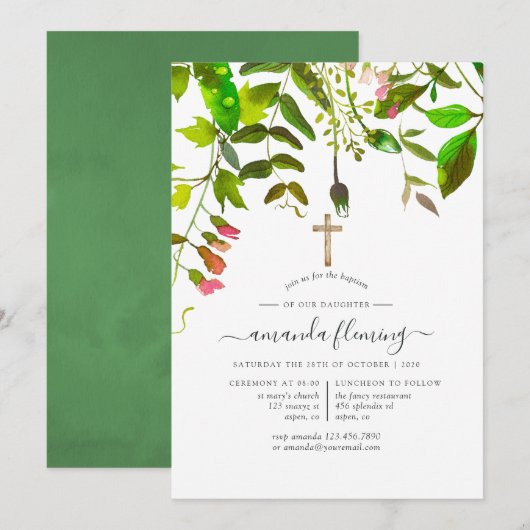 Invitation Feuillage de printemps à l'aquarelle Baptême ou Ch (Devant / Derrière)