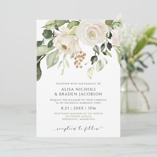 Invitation Feuillage de verdure de mariage floral blanc or (Debout devant)