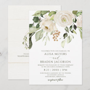 Invitation Feuillage de verdure élégant pour mariage or blanc