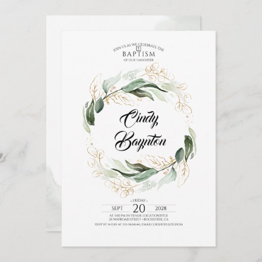 Invitation Feuillage de verdure et Baptême Feuille d'or (Devant / Derrière)