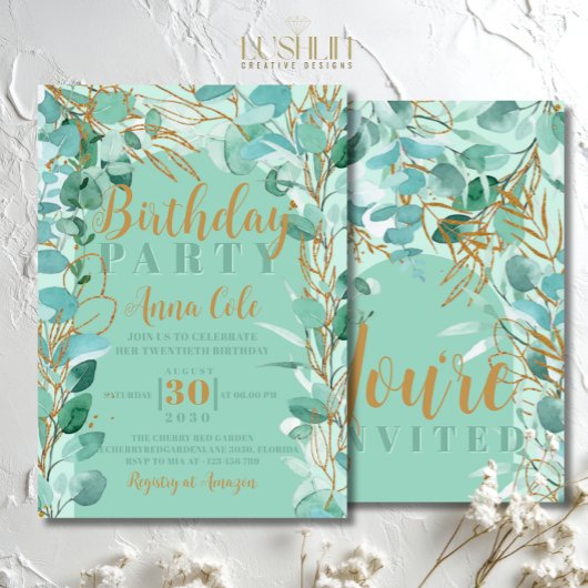 Invitation Feuillage de verdure sage Anniversaire Élégant Mod