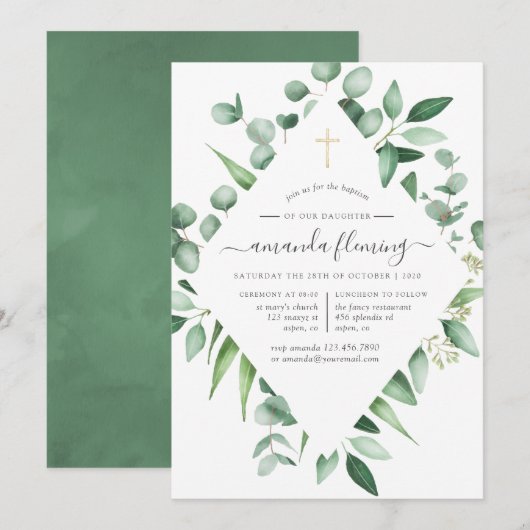 Invitation Feuillage d'eucalyptus baptême ou christening (Devant / Derrière)
