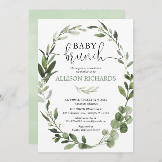 Invitation Feuillage d'eucalyptus de brunch pour bébé neutre  (Devant / Derrière)