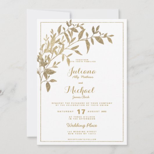 Invitation Feuillage d'or fleuri traditionnel blanc Mariage (Devant)