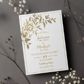 Invitation Feuillage d'or fleuri traditionnel blanc Mariage
