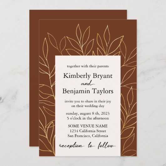 Invitation Feuillage d'or. Mariage de luxe moderne brun rouil (Devant / Derrière)