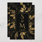 Invitation Feuillage doré | Élégant Mariage noir or (Devant / Derrière)