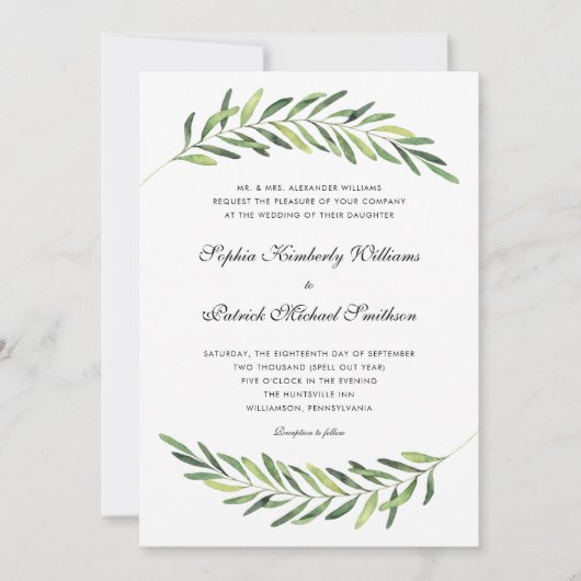 Invitation Feuillage élégant + libellé traditionnel mariage (Devant)