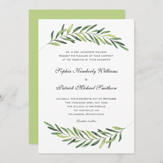 Invitation Feuillage élégant + libellé traditionnel mariage (Devant / Derrière)