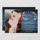 Invitation Feuillage en bois rustique bleu photo tout en un M (Devant / Derrière)