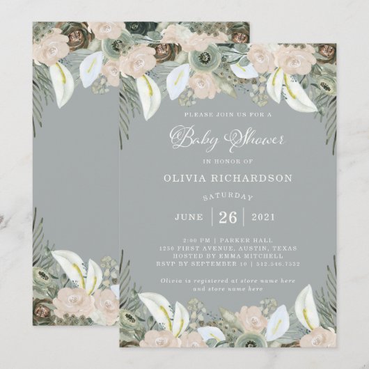 Invitation Feuillage et baby shower gris | mou floral (Devant / Derrière)