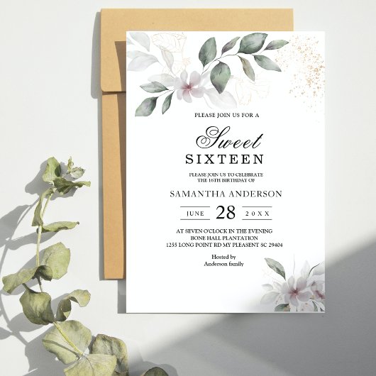 Invitation Feuillage et Fleur Aquarelle Douce Verdure | Or
