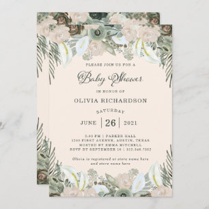 Invitation Feuillage et floral Baby shower rose pâle