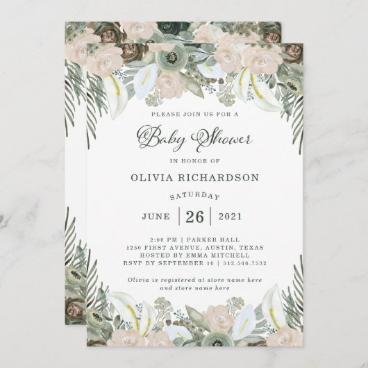 Invitation Feuillage et floral | Baby shower vert Sage (Devant / Derrière)