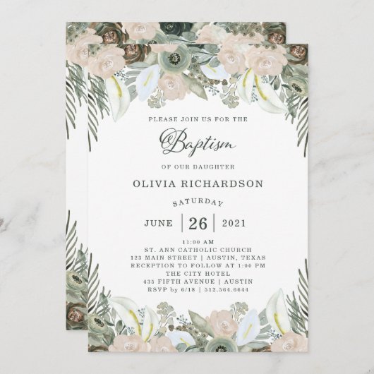 Invitation Feuillage et floral | Baptême vert Sage (Devant / Derrière)