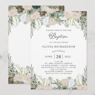 Invitation Feuillage et floral   Baptême vert Sage