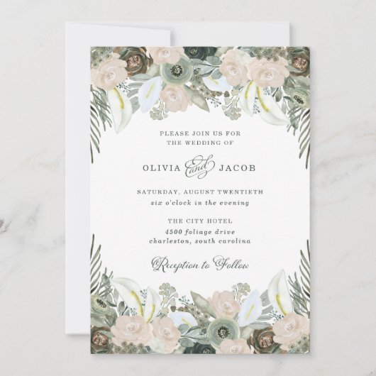 Invitation Feuillage et floral | Mariage vert Sage (Devant)