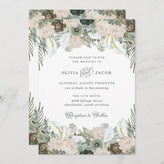 Invitation Feuillage et floral | Mariage vert Sage (Devant / Derrière)